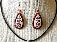 Red and White Spring Vines Teardrop Earrings and Matching Necklace Pysanky Jewelry by So Jeo